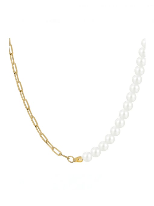 Gold mosaic necklace Brass Imitation Pearl Geometric Minimalist Asymmetrical Chain Necklace