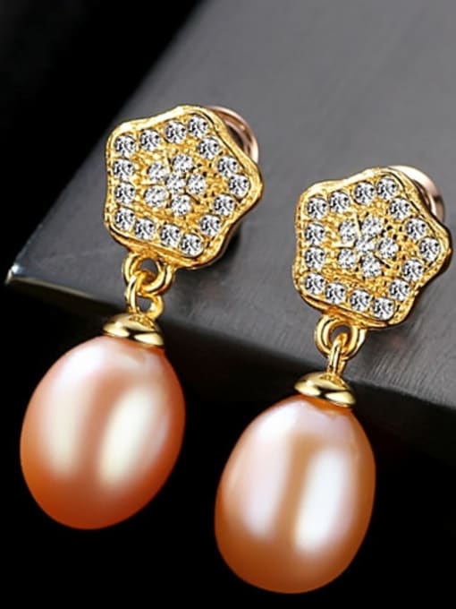 Pink 2F11 925 Sterling Silver Cubic Zirconia  Geometric Freshwater Pearls   Earring