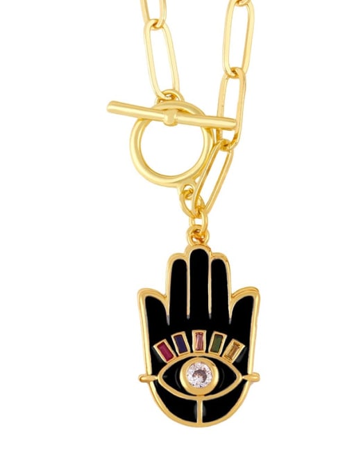 black Brass Enamel Evil Eye Vintage palm Pendant Necklace
