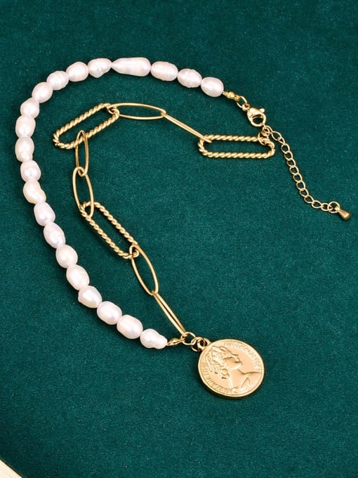 A TEEM Titanium Steel Imitation Pearl Round Vintage Necklace 0