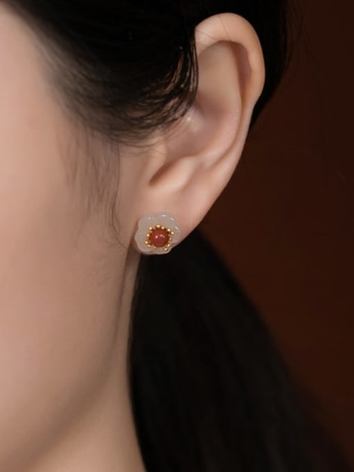 DEER 925 Sterling Silver Jade Flower Vintage Stud Earring 1