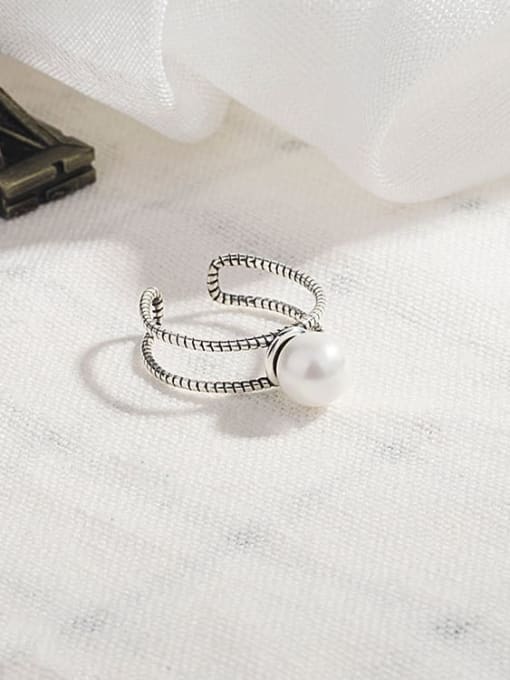 HAHN 925 Sterling Silver Imitation Pearl Geometric Vintage Stackable Ring 2