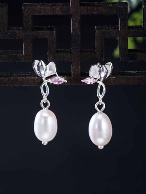 SILVER MI 925 Sterling Silver Imitation Pearl Flower Vintage Drop Earring 0