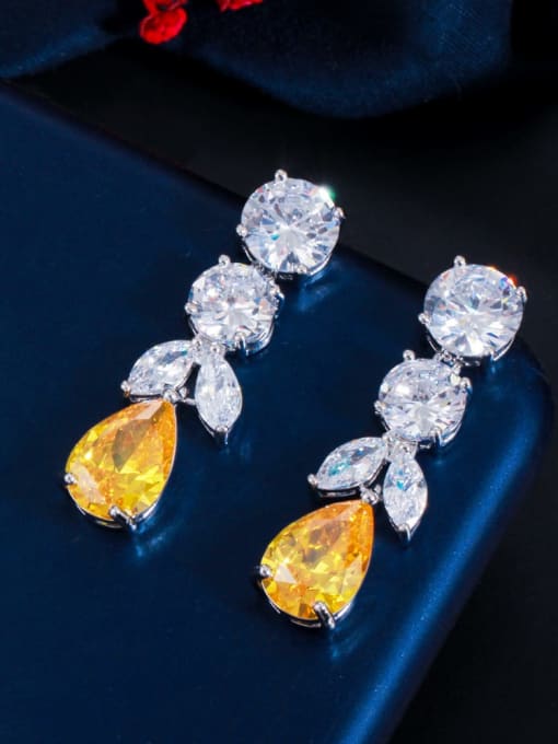 yellow Brass Cubic Zirconia Water Drop Luxury Cluster Earring