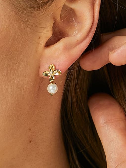 CHARME Brass Imitation Pearl Flower Vintage Drop Earring 1