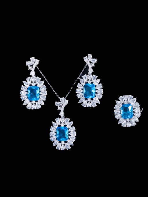 Sea Blue US 6 Brass Cubic Zirconia  Luxury Geometric Earring Ring and Necklace Set