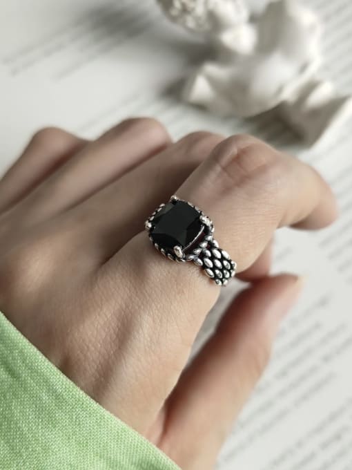 Boomer Cat 925 Sterling Silver Cubic Zirconia Black Square Vintage Free Size Band Ring 1
