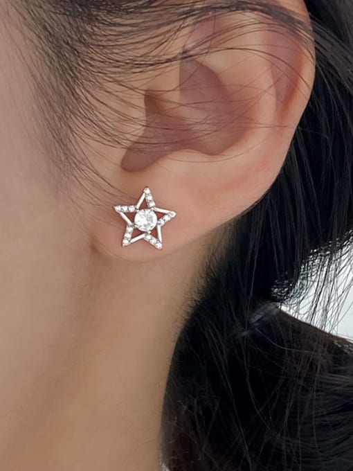 Rosh 925 Sterling Silver Cubic Zirconia Pentagram Minimalist Stud Earring 1
