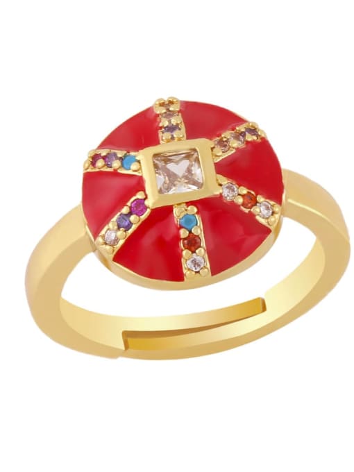 red Brass Enamel Rhinestone Geometric Vintage Band Ring
