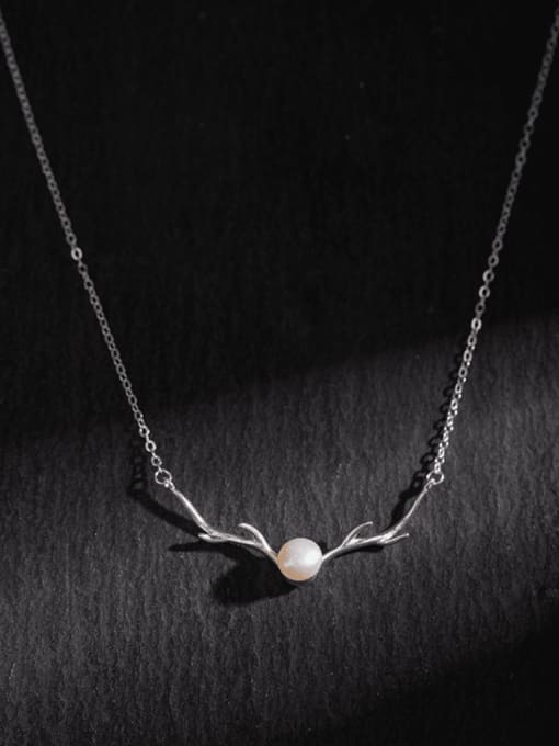 SILVER MI 925 Sterling Silver Imitation Pearl Antlers Minimalist Necklace 0