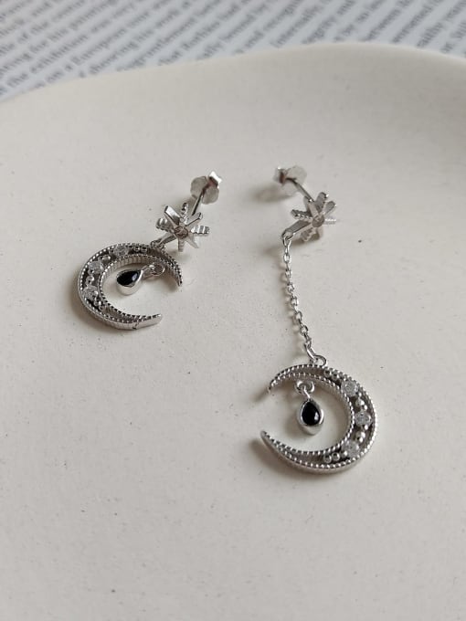 Boomer Cat 925 Sterling Silver Mysterious Moon Asymmetric  Vintage Drop Earring 0