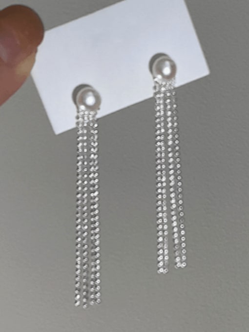 Rosh 925 Sterling Silver Imitation Pearl Tassel Minimalist Drop Earring 2