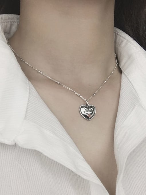 SHUI Vintage Sterling Silver With Antique Silver Plated Simplistic Heart Locket Necklace 2