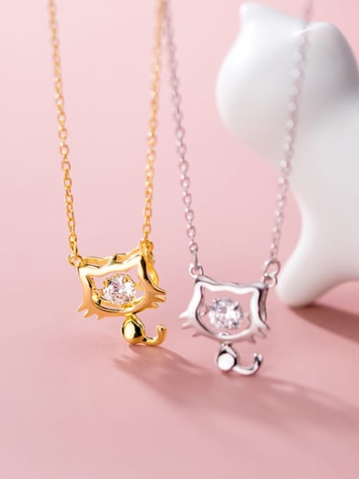 Rosh 925 sterling silver rhinestone Cute cat  Pendant necklace