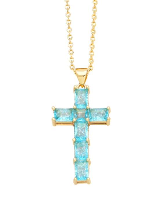 blue Brass Cubic Zirconia Cross Minimalist Regligious Necklace