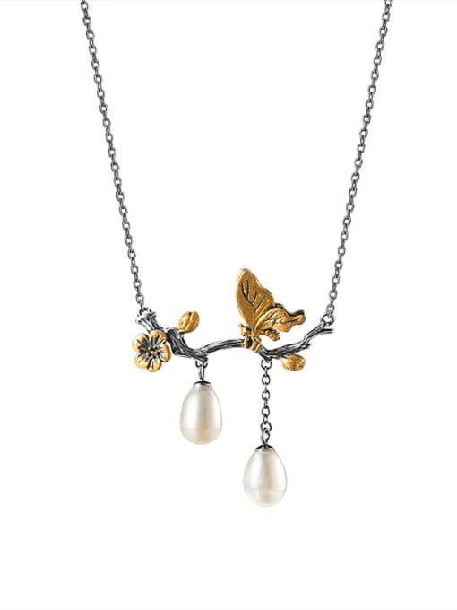 SILVER MI 925 Sterling Silver Imitation Pearl Branch Butterfly Vintage Tassel Necklace 3