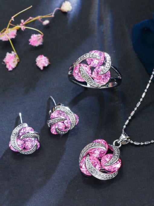 Pink Ring US  7 Brass Cubic Zirconia Luxury Flower  Earring and Necklace Set