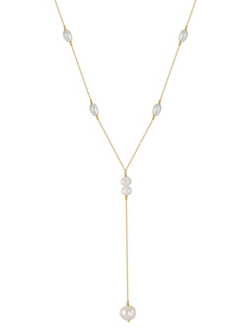 14K gold, weighing 5.08g 925 Sterling Silver Imitation Pearl Tassel Minimalist Lariat Necklace