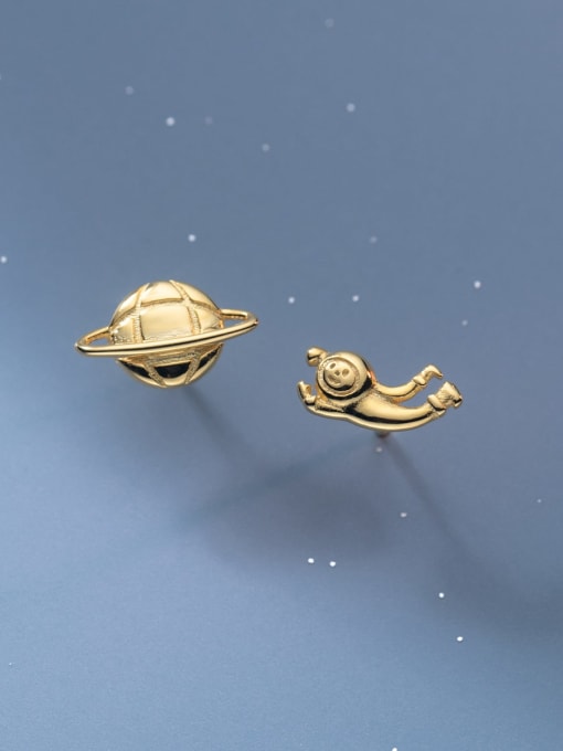 Gold 925 Sterling Silver Asymmetrical  Planet Cute Stud Earring
