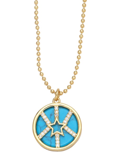 blue Brass Cubic Zirconia Star Vintage Round  Pendant Necklace