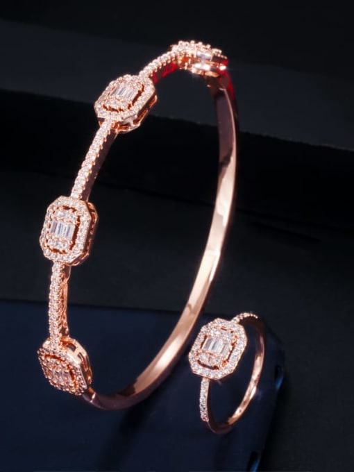 Bracelet Size 6 ring (rose gold) Copper Cubic Zirconia Luxury Geometric Ring and Bangle Set
