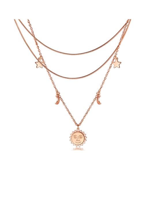 1581-rose Titanium  Minimalist Simple Double Sun Smiley Pendant Multi Strand Necklaces
