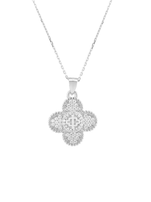 White gold four leaf grass necklace 925 Sterling Silver Cubic Zirconia Flower Minimalist Necklace