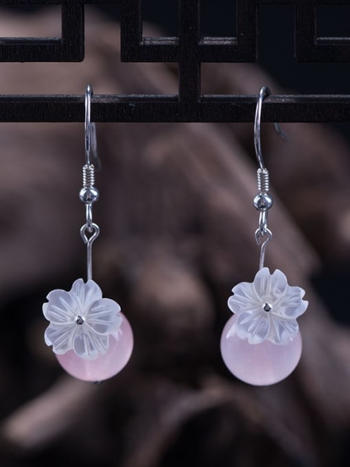 SILVER MI 925 Sterling Silver Pink Crystal Shell Flower Vintage Hook Earring 1