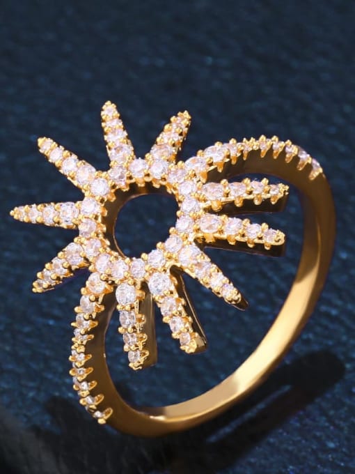 golden Brass Cubic Zirconia Flower Luxury Cocktail Ring