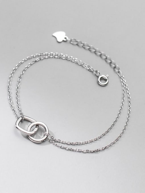 Silver 925 Sterling Silver Double Round Square Minimalist Strand Bracelet