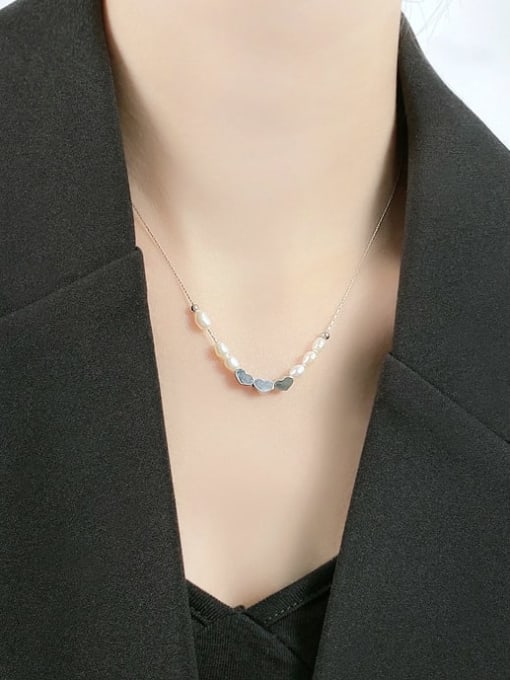 Open Sky Titanium Steel Freshwater Pearl Heart Minimalist Necklace 1