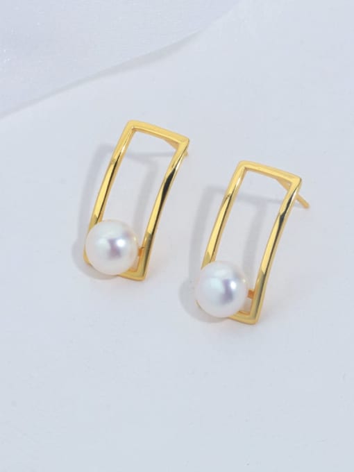 golden 925 Sterling Silver Imitation Pearl Geometric Minimalist Stud Earring