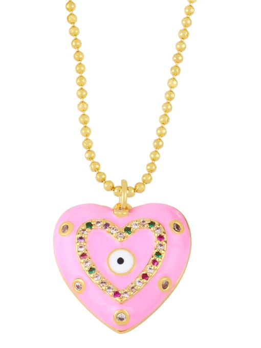 Pink Brass Enamel Evil Eye Vintage Heart  Pendant Necklace