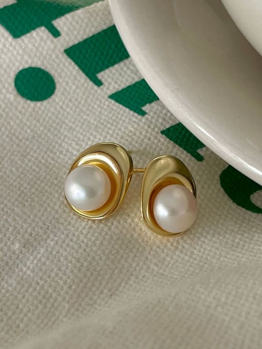 Boomer Cat 925 Sterling Silver Imitation Pearl Round Vintage Stud Earring 0
