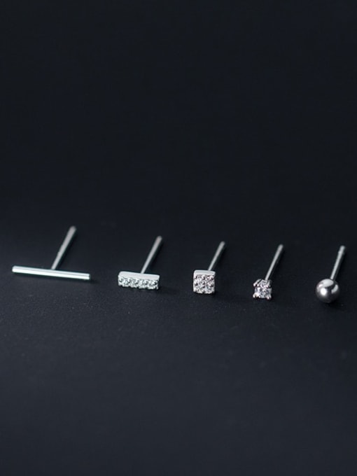 one set of five silver 925 Sterling Silver Cubic Zirconia Geometric Minimalist Stud Earring