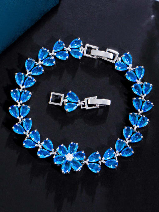 sky blue Brass Cubic Zirconia Flower Statement Bracelet