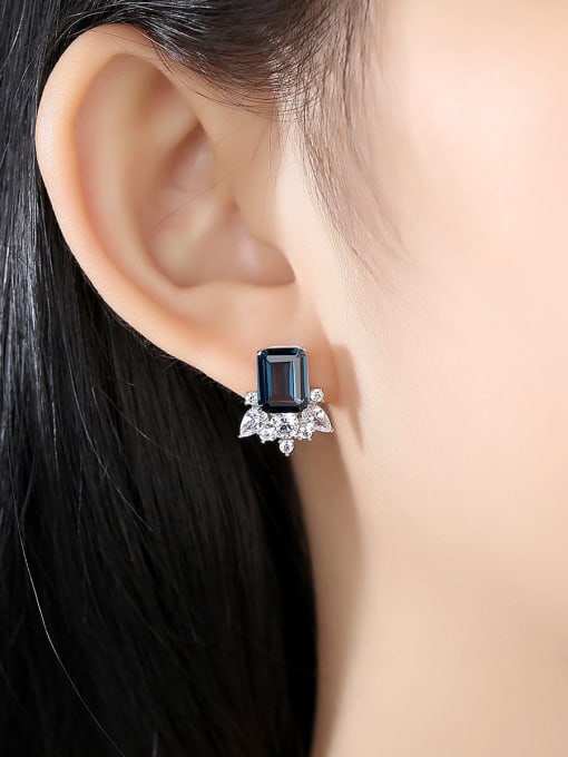 CCUI 925 Sterling Silver Cubic Zirconia Blue Square Dainty Stud Earring 1
