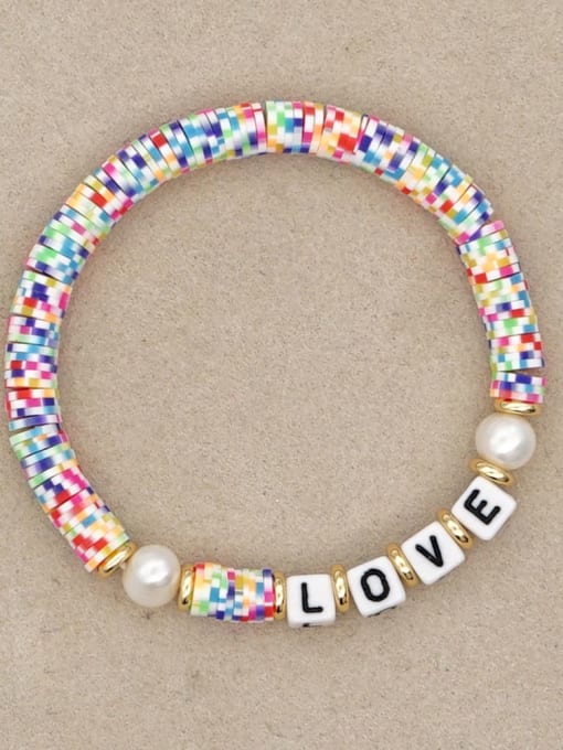 QT B200144F Stainless steel Freshwater Pearl Multi Color Polymer Clay Letter Bohemia Stretch Bracelet
