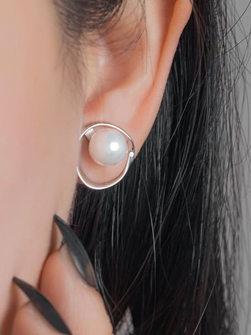 XBOX 925 Sterling Silver Imitation Pearl Geometric Minimalist Stud Earring 1