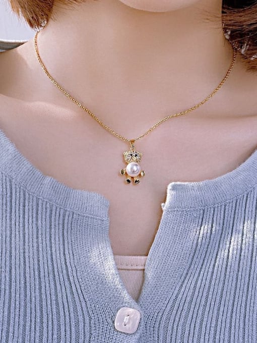Open Sky Titanium Steel Imitation Pearl  Cute Bear Pendant Necklace 1