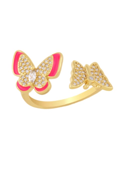 Rose red Brass Enamel Cubic Zirconia Butterfly Hip Hop Band Ring