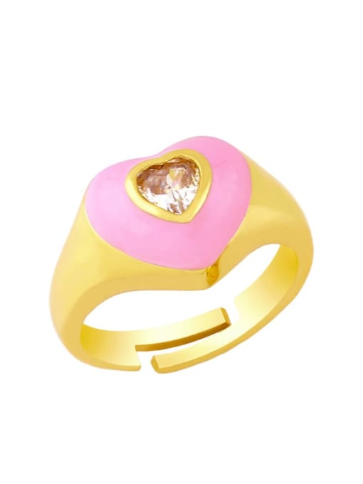Pink Brass Enamel Cubic Zirconia Heart Hip Hop Band Ring
