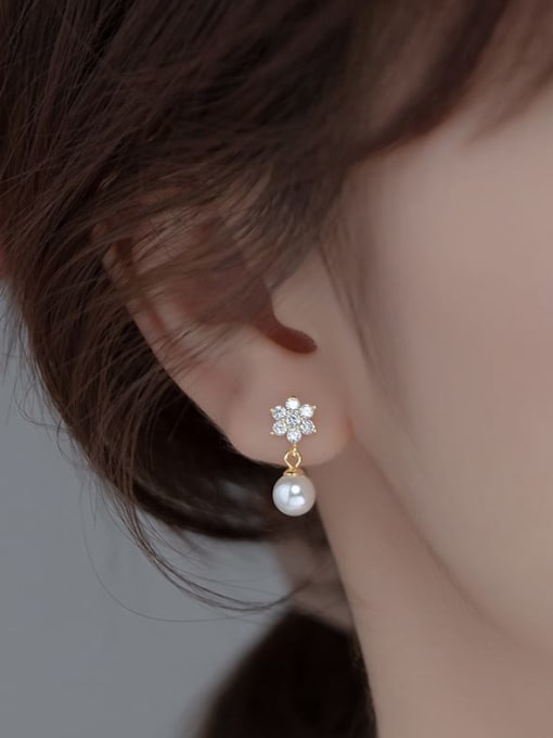 Rosh 925 Sterling Silver Imitation Pearl Flower Minimalist Drop Earring 1