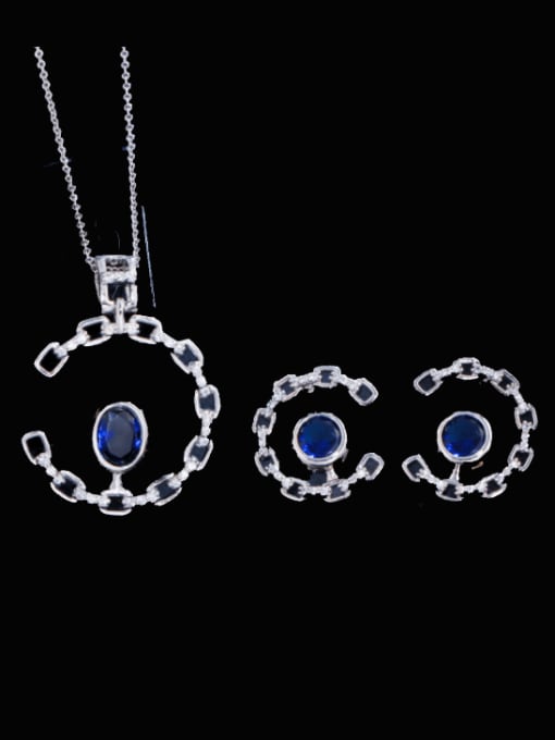 Sea blue Brass Cubic Zirconia Luxury Oval Earring and Necklace Set