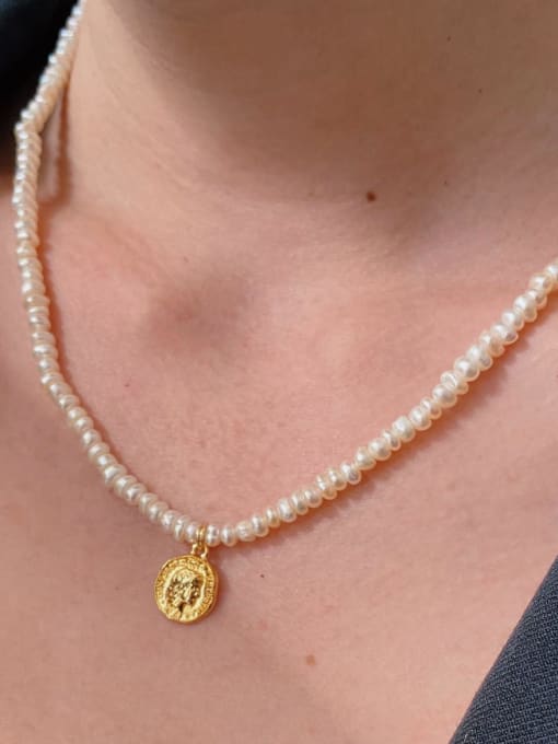 Freshwater pearl: Portrait Titanium Steel Imitation Pearl Geometric Vintage Necklace