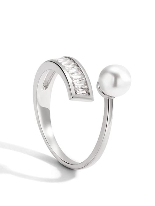 White gold open Pearl Ring Brass Cubic Zirconia Irregular Minimalist Band Ring