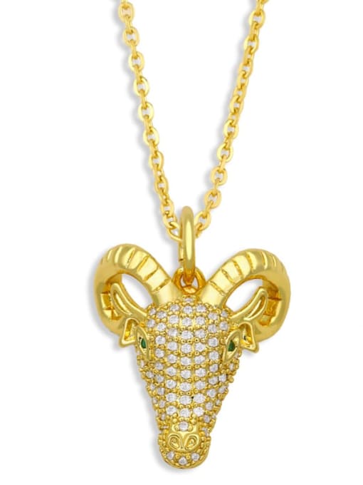 golden Brass Cubic Zirconia Zodiac Vintage Bull head Pendant Necklace