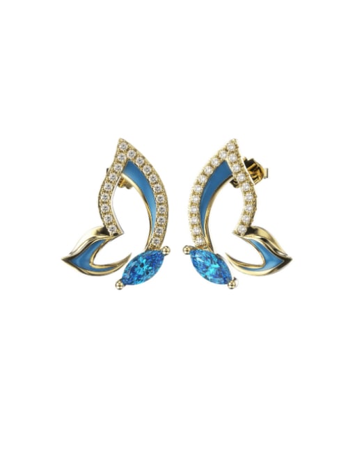 14K Gold Sea Blue Zircon 925 Sterling Silver Cubic Zirconia Butterfly Cute Stud Earring