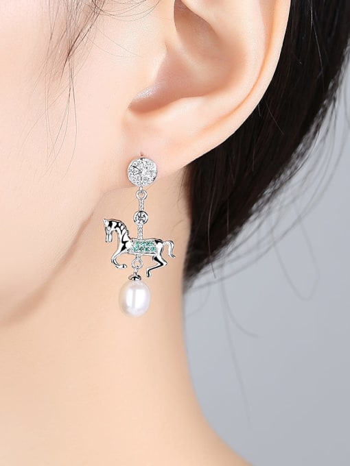 CCUI 925 Sterling Silver Freshwater Pearl White Horse Trend Drop Earring 3