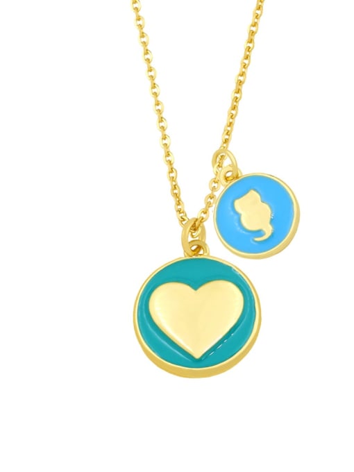 Blue +green Brass Enamel Heart Minimalist Round Penadnt Necklace